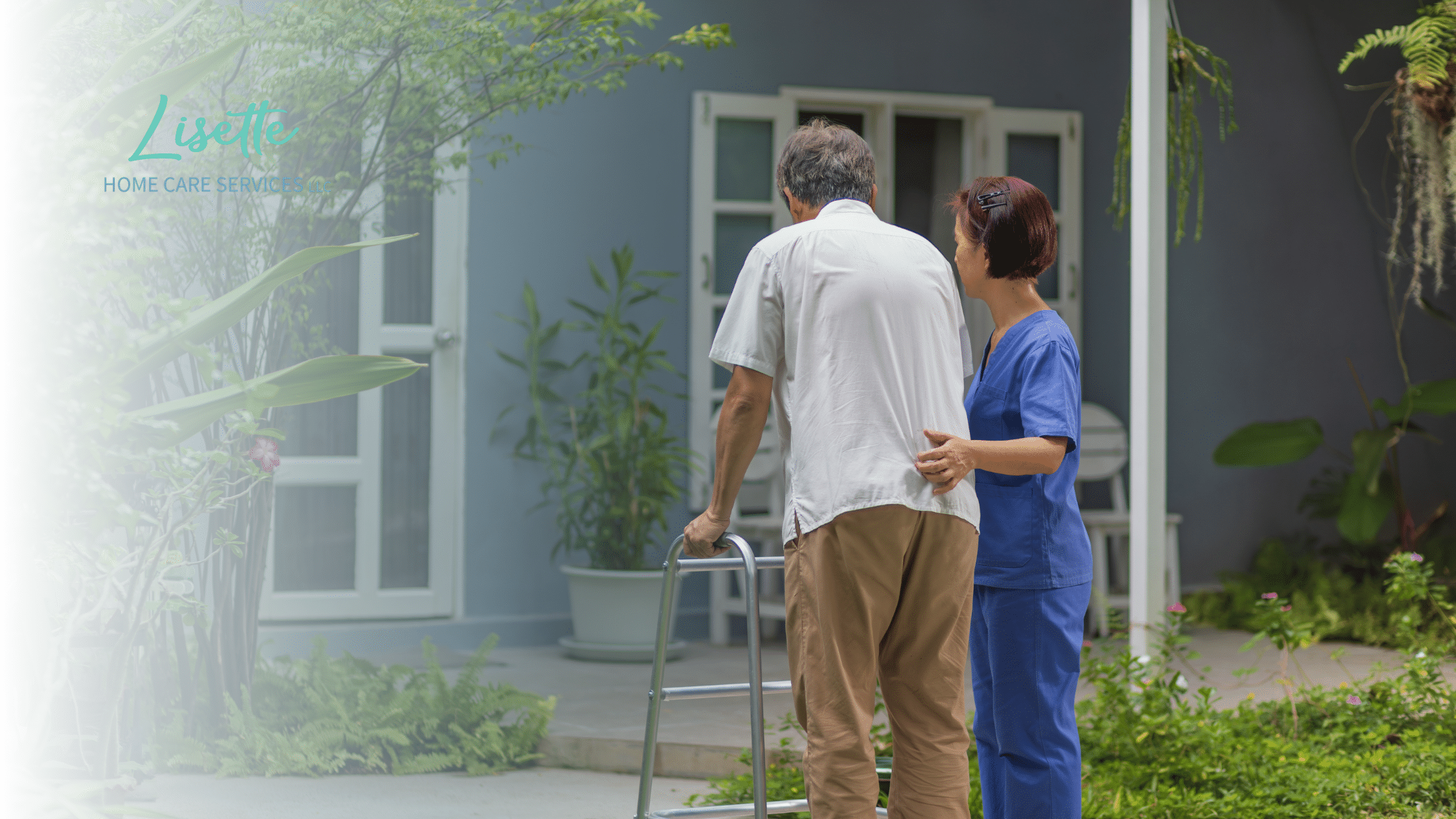 Home caregiver assisting a senior with a walker, supporting fall safety and independence at home in Aston and Philadelphia, PA.